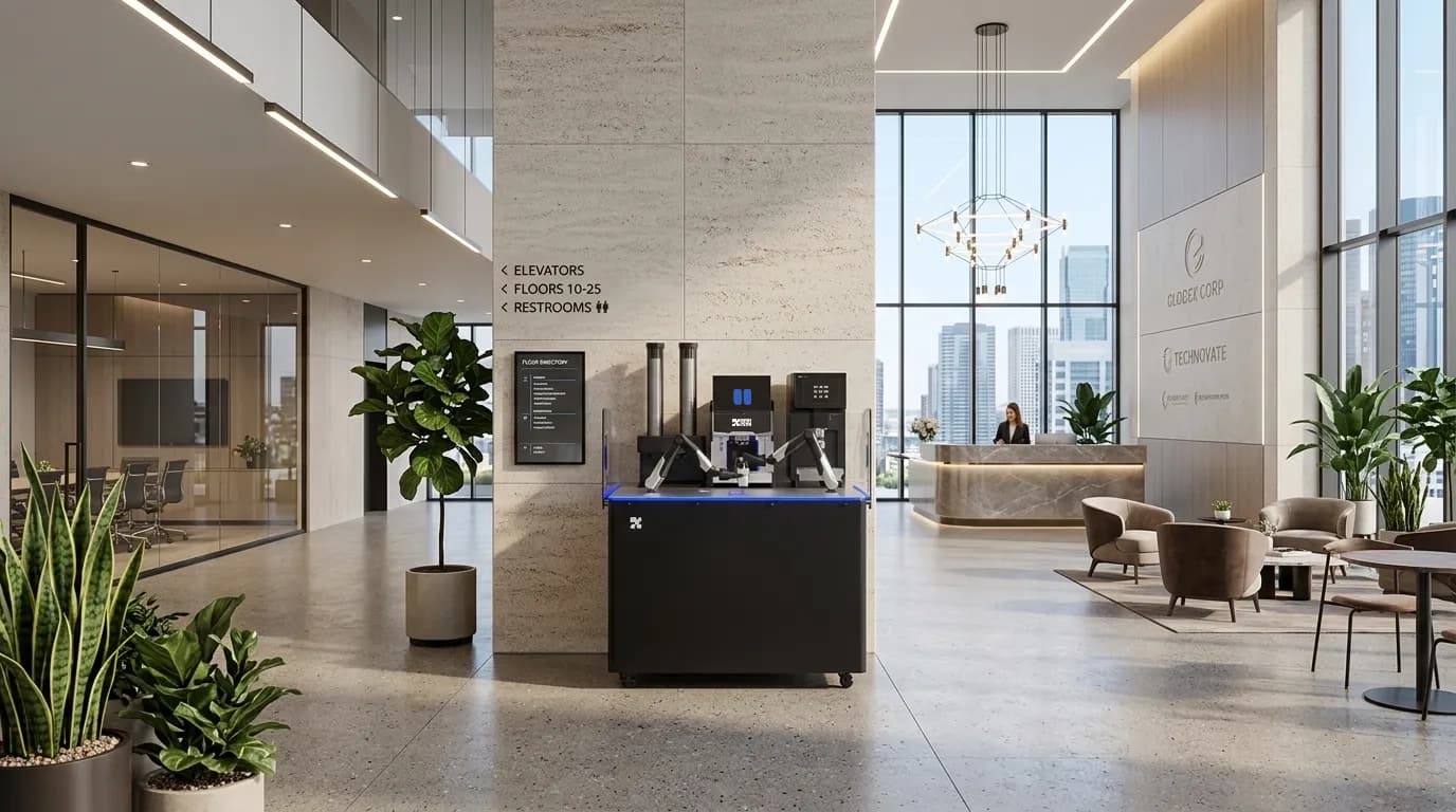 Lüks 5 yıldızlı otel lobisinde cam panelleriyle parlayan Gen 3 Yarı Kapalı robot barista